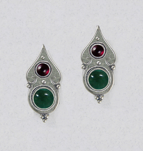 Sterling Silver Gothic Look Post Stud Earrings With Fluorite And Garnet